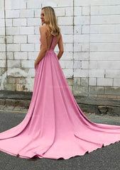 Party Dresses For Teens, Elastic Satin Prom Dress A-Line/Princess High-Neck Chapel Train With Pleated