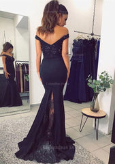 Party Dresses Teen, Elastic Satin Prom Dress Trumpet/Mermaid Off-The-Shoulder Sweep Train With Lace
