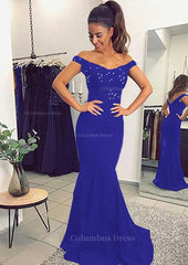 Party Dress Look, Elastic Satin Prom Dress Trumpet/Mermaid Off-The-Shoulder Sweep Train With Lace