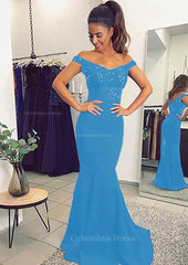 Party Dress New, Elastic Satin Prom Dress Trumpet/Mermaid Off-The-Shoulder Sweep Train With Lace