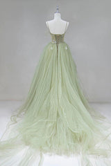 Slip Dress, Elegant A Line Open Back Green Tulle Long Prom Dresses, Green Formal Graduation Evening Dresses