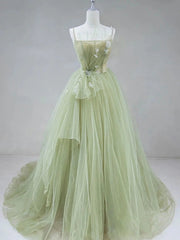 Non Traditional Wedding Dress, Elegant A Line Open Back Green Tulle Long Prom Dresses, Green Formal Graduation Evening Dresses