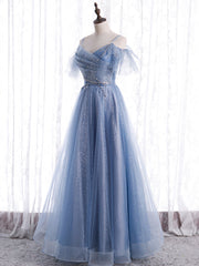 Party Dress Casual, Elegant  A line Tulle Sequin Blue Long Prom Dress, Tulle Blue Formal Evening Dress