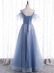 Party Dress Styling Ideas, Elegant  A line Tulle Sequin Blue Long Prom Dress, Tulle Blue Formal Evening Dress