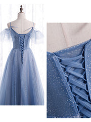 Party Dresses Shorts, Elegant  A line Tulle Sequin Blue Long Prom Dress, Tulle Blue Formal Evening Dress