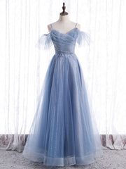Party Dresses Maxi, Elegant  A line Tulle Sequin Blue Long Prom Dress, Tulle Blue Formal Evening Dress