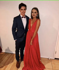 Elegant A Line V Ausschnitt Langes rotes Prom -Kleid 22. Geburtstag Outfits