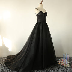 Evening Dresses Long, Elegant Black Straps Tulle Sweetheart Prom Dress, Black Party Dress