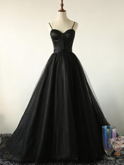 Semi Dress, Elegant Black Straps Tulle Sweetheart Prom Dress, Black Party Dress