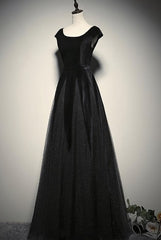 White Prom Dress, Elegant Black Velvet Cap Sleeves Evening Dress, Black Prom Dress