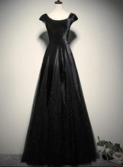 Simple Dress, Elegant Black Velvet Cap Sleeves Evening Dress, Black Prom Dress