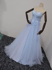 Graduation Dress, Elegant Blue Tulle Sweetheart Party Dress Formal Dress, Blue Lace Applique Prom Dress 2022