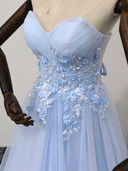 Green Prom Dress, Elegant Blue Tulle Sweetheart Party Dress Formal Dress, Blue Lace Applique Prom Dress 2022