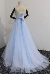 Graduation Outfit Ideas, Elegant Blue Tulle Sweetheart Party Dress Formal Dress, Blue Lace Applique Prom Dress 2022