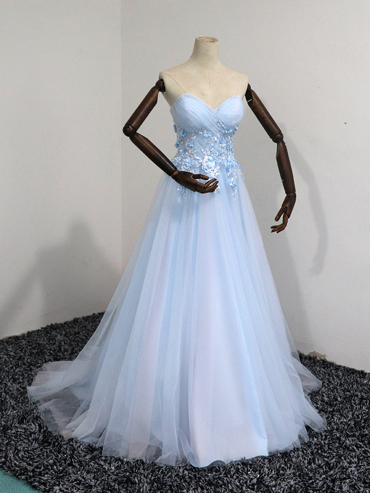 Party Dress, Elegant Blue Tulle Sweetheart Party Dress Formal Dress, Blue Lace Applique Prom Dress 2022