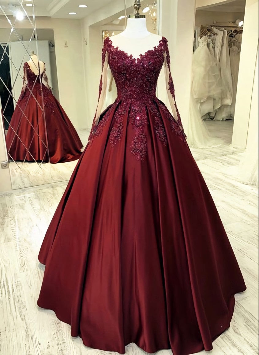 Wedding Dress Customization, Elegant burgundy wedding dress lace long sleeves ball gown sheer neckline for women prom dress, evening dress