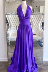 Bridesmaid Dresses Designers, Elegant Halter Neck Backless Purple Long Prom Dress, Backless Purple Formal Graduation Evening Dress