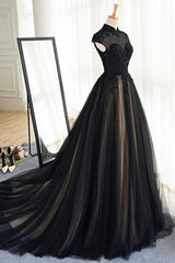 Formal Dress Black, Elegant High Neck Swee Train Rhinestone Prom Dress, Black Formal Dress