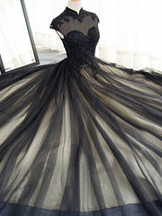 Formal Dresses Black, Elegant High Neck Swee Train Rhinestone Prom Dress, Black Formal Dress