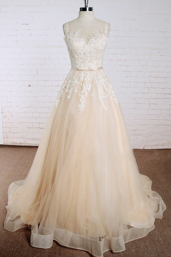 Wedding Dresses Princesses, Elegant Long A-line Appliques Lace Tulle Wedding Dress