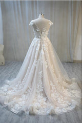 Wedding Dress Spring, Elegant Long A-Line Bateau Backless Appliques Lace Tulle Wedding Dress