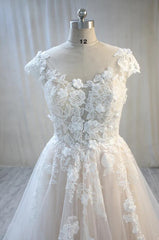 Wedding Dresses Spring, Elegant Long A-Line Bateau Backless Appliques Lace Tulle Wedding Dress
