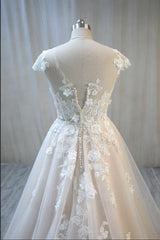 Wedding Dress Outlets, Elegant Long A-Line Bateau Backless Appliques Lace Tulle Wedding Dress