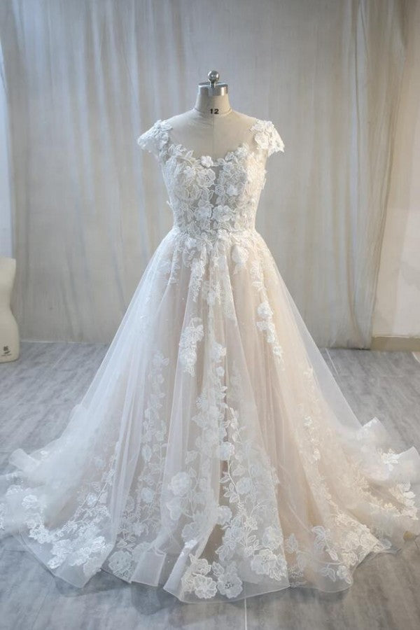 Wedding Dresses For Bride 2028, Elegant Long A-Line Bateau Backless Appliques Lace Tulle Wedding Dress