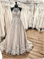 Wedding Dresses Under, Elegant Long A-line Halter Backless Appliques Lace Tulle Ruffles Train Wedding Dress