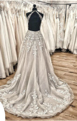 Wedding Dress Sleeve, Elegant Long A-line Halter Backless Appliques Lace Tulle Ruffles Train Wedding Dress