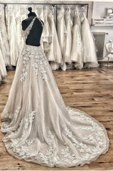 Wedding Dress Chic, Elegant Long A-line Halter Backless Appliques Lace Tulle Ruffles Train Wedding Dress