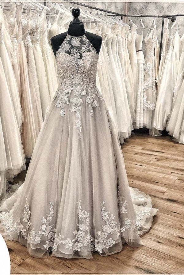 Wedding Dresses For Dancing, Elegant Long A-line Halter Backless Appliques Lace Tulle Ruffles Train Wedding Dress