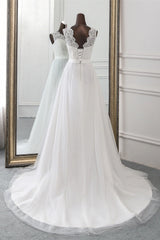 Wedding Dress Shops Near Me, Elegant Long A-line Jewel Tulle Appliques Lace Wedding Dress
