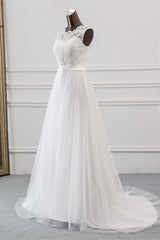 Wedding Dress Shopping Near Me, Elegant Long A-line Jewel Tulle Appliques Lace Wedding Dress