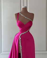 Party Dresses For Christmas, Elegant Long A-line One Shoulder Sweetheart Sleeveless Satin Prom Dress With Slit
