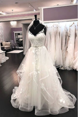 Wedding Dress Winter, Elegant Long A Line Tulle Lace V Neck Spaghetti Straps Wedding Dress