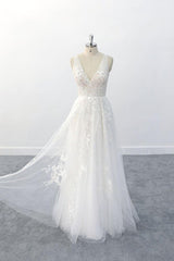 Wedding Dress For Beach Wedding, Elegant Long  A-line V-neck Appliques Tulle Backless Wedding Dress