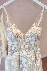 Wedding Dresses Girl, Elegant Long A-line V-neck Tulle Appliques Lace Open Back Wedding Dress