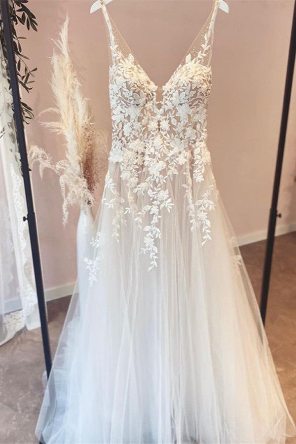 Wedding Dress Girl, Elegant Long A-line V-neck Tulle Appliques Lace Open Back Wedding Dress
