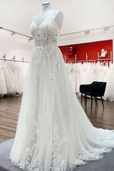 Wedding Dress Shoulder, Elegant Long A-Line V Neck Tulle Spaghetti Straps Lace Wedding Dress