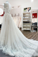 Wedding Dress Diet, Elegant Long A-Line V Neck Tulle Spaghetti Straps Lace Wedding Dress