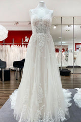 Wedding Dresses Shoulder, Elegant Long A-Line V Neck Tulle Spaghetti Straps Lace Wedding Dress