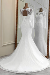 Wedding Dresses 2028, Elegant Long Mermaid Tulle Jewel Wedding Dress with Sleeves