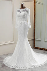 Wedding Dresses Online Shopping, Elegant Long Mermaid Tulle Jewel Wedding Dress with Sleeves
