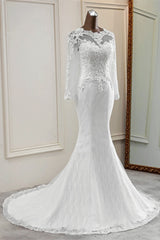 Wedding Dress Online Shopping, Elegant Long Mermaid Tulle Jewel Wedding Dress with Sleeves