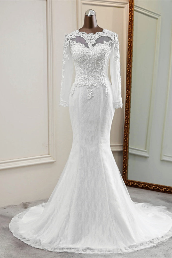 Wedding Dress Cheap, Elegant Long Mermaid Tulle Jewel Wedding Dress with Sleeves