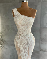 Wedding Dress Couture, Elegant Long One Shoulder Appliques Lace Mermaid Wedding Dress