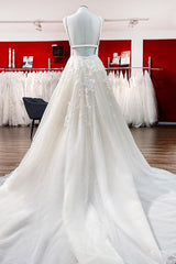 Wedding Dresses For Over 54, Elegant Long Princess V-neck Tulle Backless Wedding Dress with Lace