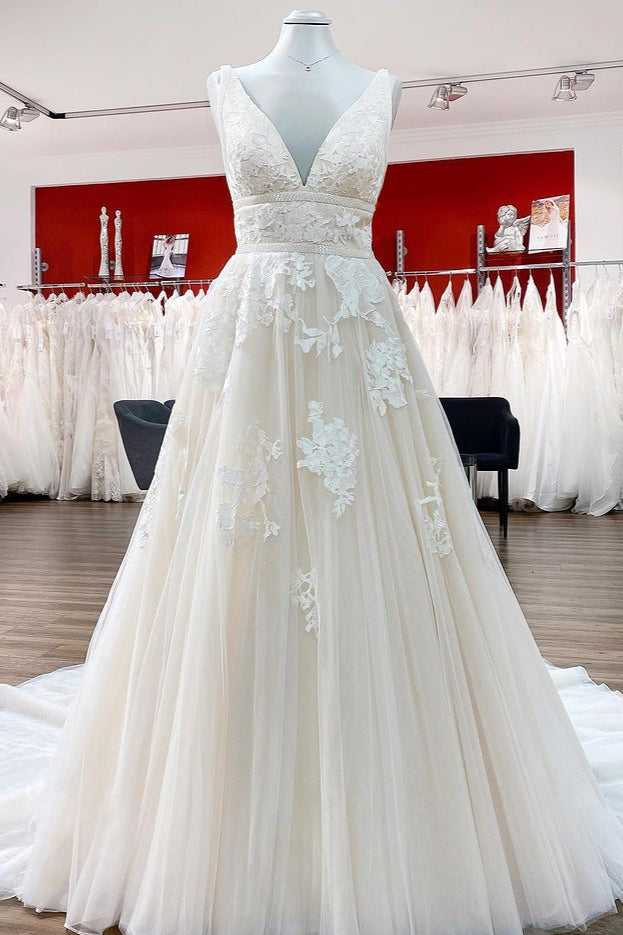 Wedding Dresses Couture, Elegant Long Princess V-neck Tulle Backless Wedding Dress with Lace