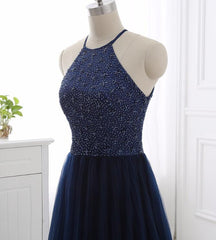 Party Dress Long Sleeve, Elegant Navy Blue Halter Beaded Long Evening Dress, Prom Dress